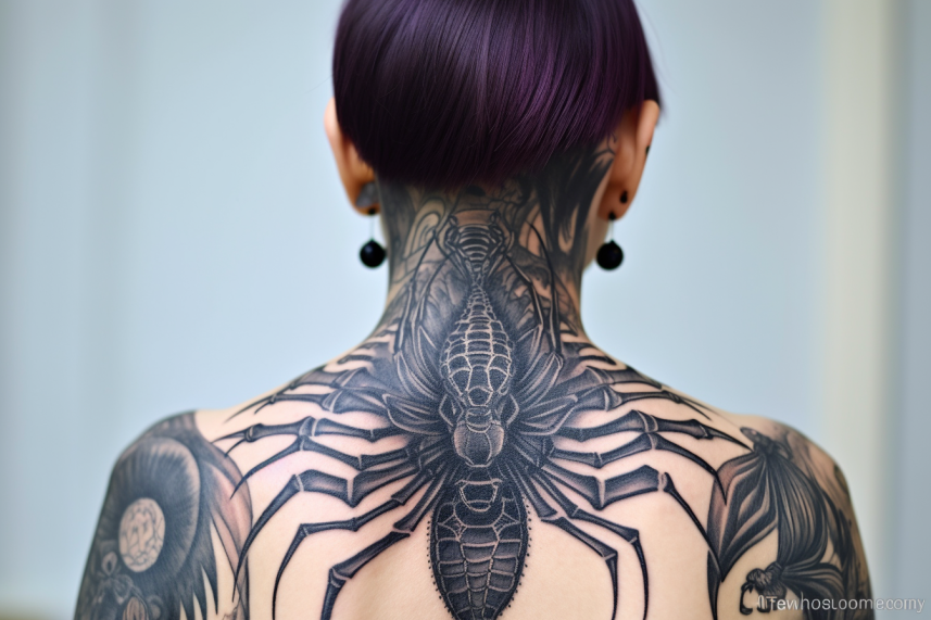 Tatuaż z pająkiem od tyłu szyi