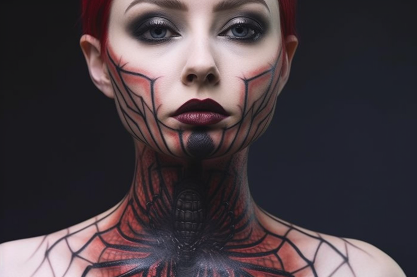 Tatuaż z pająkiem na szyi wchodzi na twarz