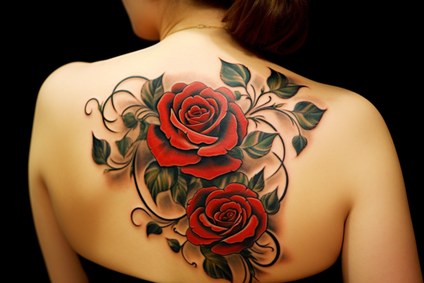 Wyrazisty tatuaż na łopatce kobiety w kształcie róż