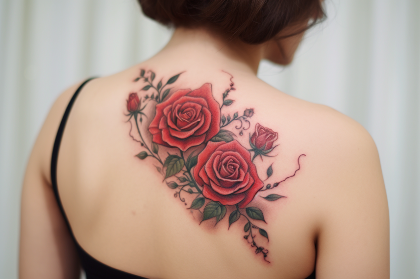 Czerwony tatuaż kobiety na łopatce z dwoma różami
