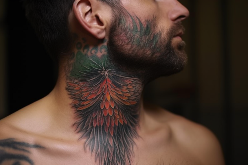 Tatuaż na szyi mężczyzny w kolorach