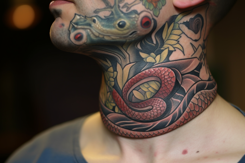 Tatuaż na szyi mężczyzny przedstawia węża
