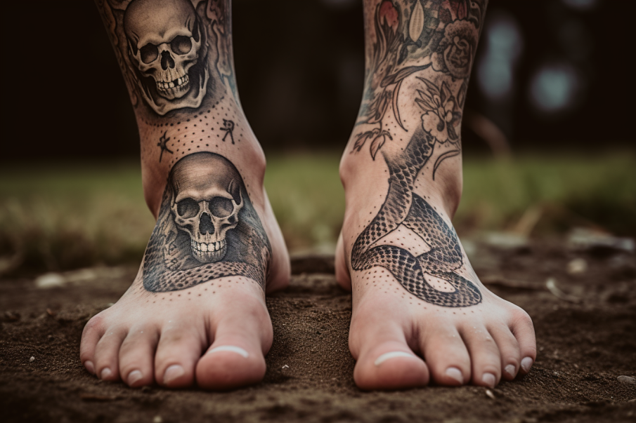 Męskie tatuaże na kostce z wężem i czaszką