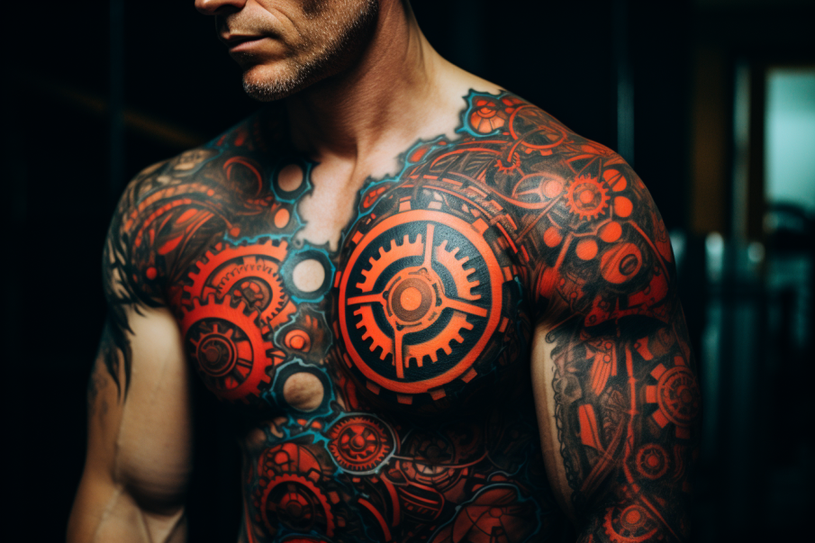 Tatuaż biomechaniczny wykonany czarnym i czerwonym tuszem