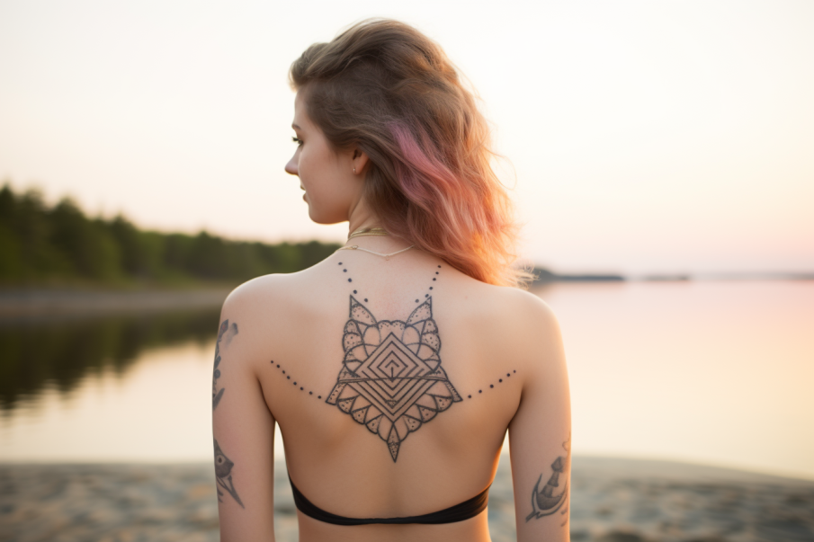 Na plaży widoczna jest kobieta z imponującym tatuażem kota na plecach. Ten wielki tatuaż wykonany jest w stylu geometrycznym, co nadaje mu nowoczesny wygląd. Geometryczne linie i figury podkreślają elegancki charakter motywu, nadając mu unikatowego uroku.