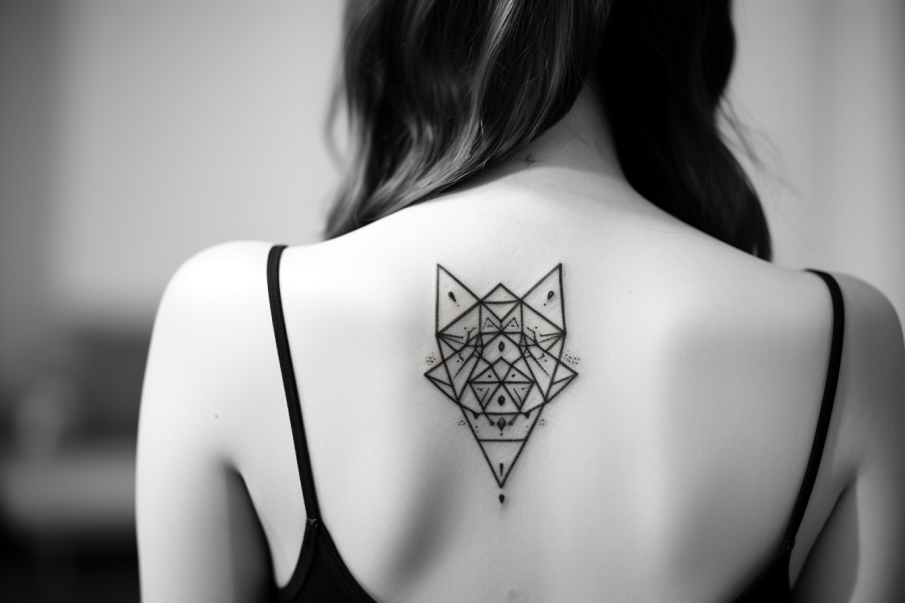 Tatuaż geometryczny kot na plecach młodej kobiety