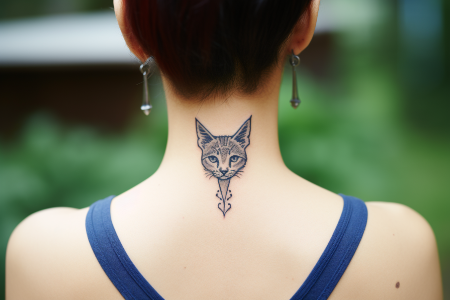 Głowa kota na karku w formie tatuażu