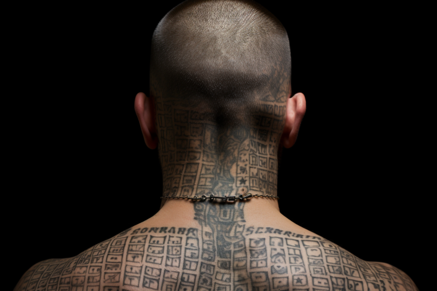 Mężczyzna z więziennymi tatuażami na karku