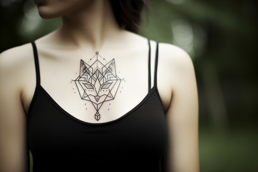Geometryczny tatuaż kota na klatce piersiowej młodej kobiety