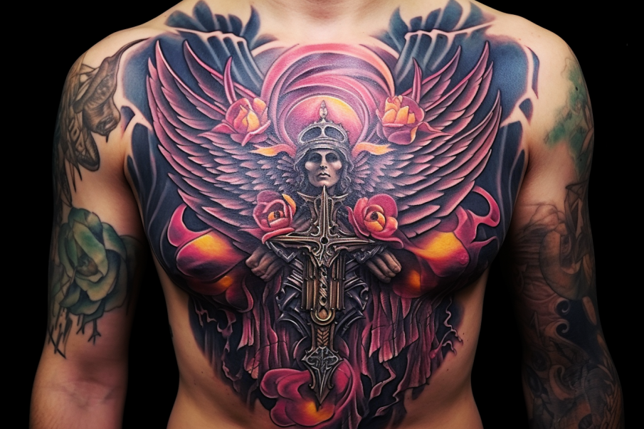 Waleczny anioł kolorowy tatuaż na klatce piersiowej