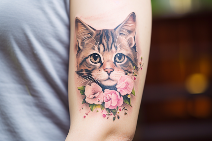 Mały kot tatuaż z elementami kwiatuszków