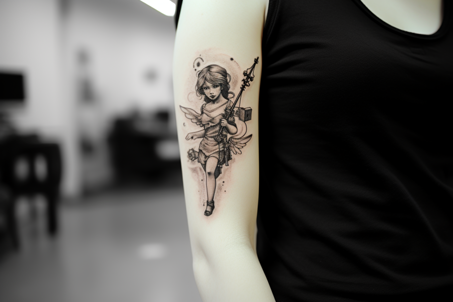 Mały tatuaż aniołka na przedramieniu kobiety