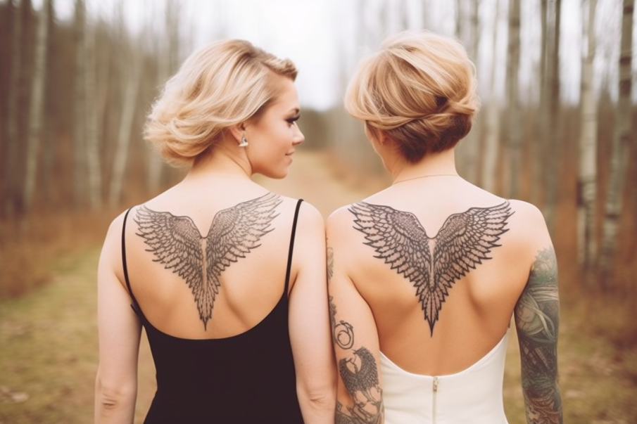 Przyjaciółki z pasującymi tatuażami w kształcie skrzydeł