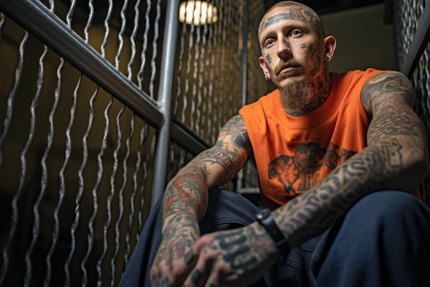 Mężczyzna w ciuchach więziennych pokryty więziennymi tatuażami