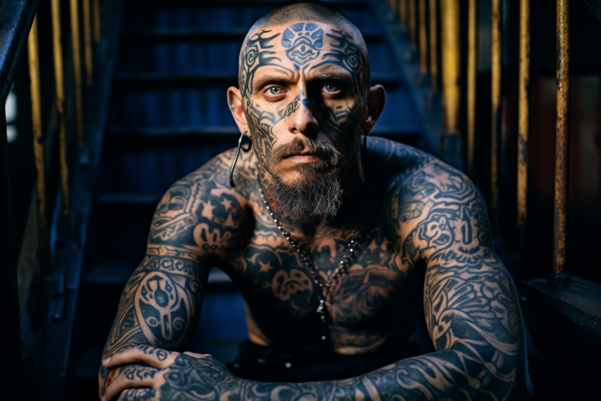 Tatuaże więzienne na ciele mężczyzny siedzącego w celi więziennej