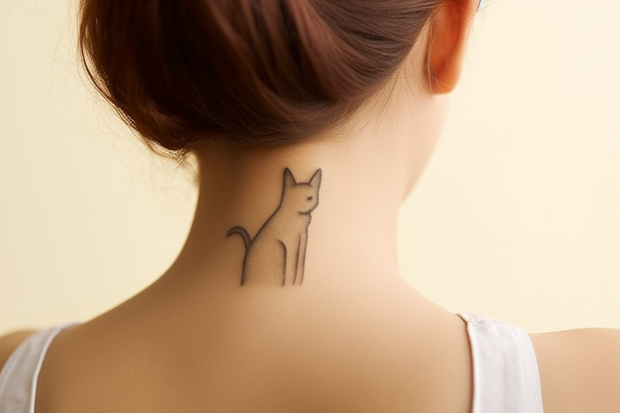 Minimalistyczny tatuaż na karku kot