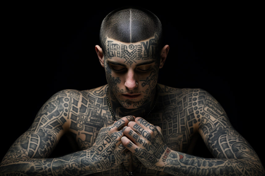 Młody mężczyzna pokryty więziennymi tatuażami