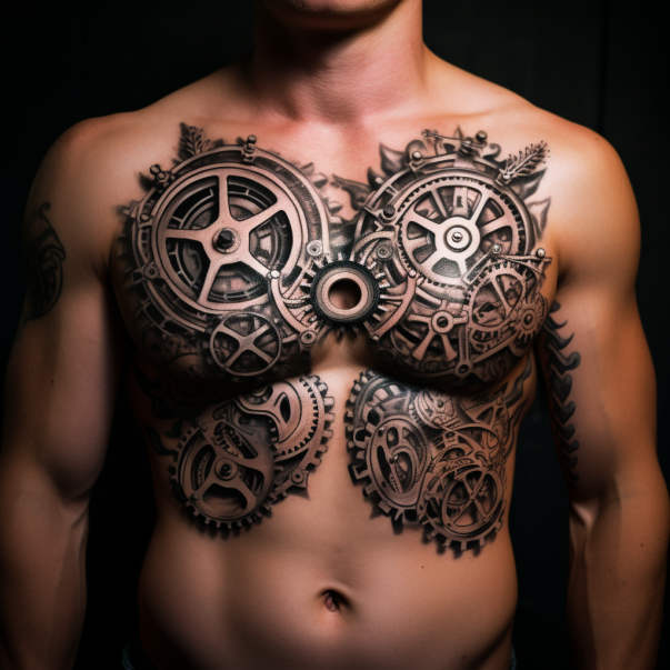 Duży tatuaż na klatce piersiowej w stylu biomechanicznym
