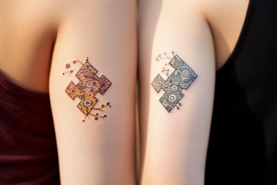 Tatuaż dziwnych puzzli pasujących do siebie