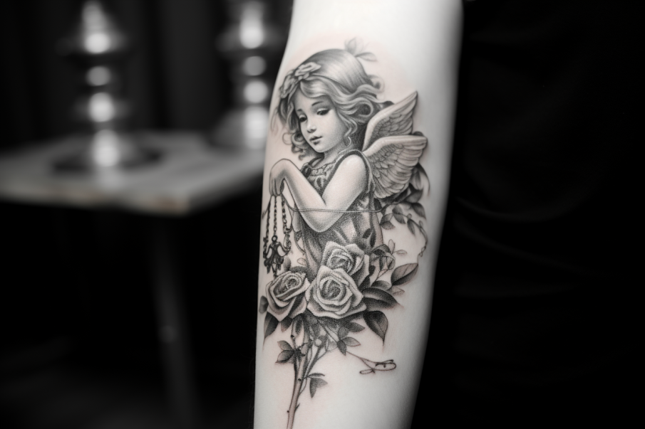 Malutki tatuaż wykonany na przedramieniu kobiety, tatuaż przedstawia aniołka