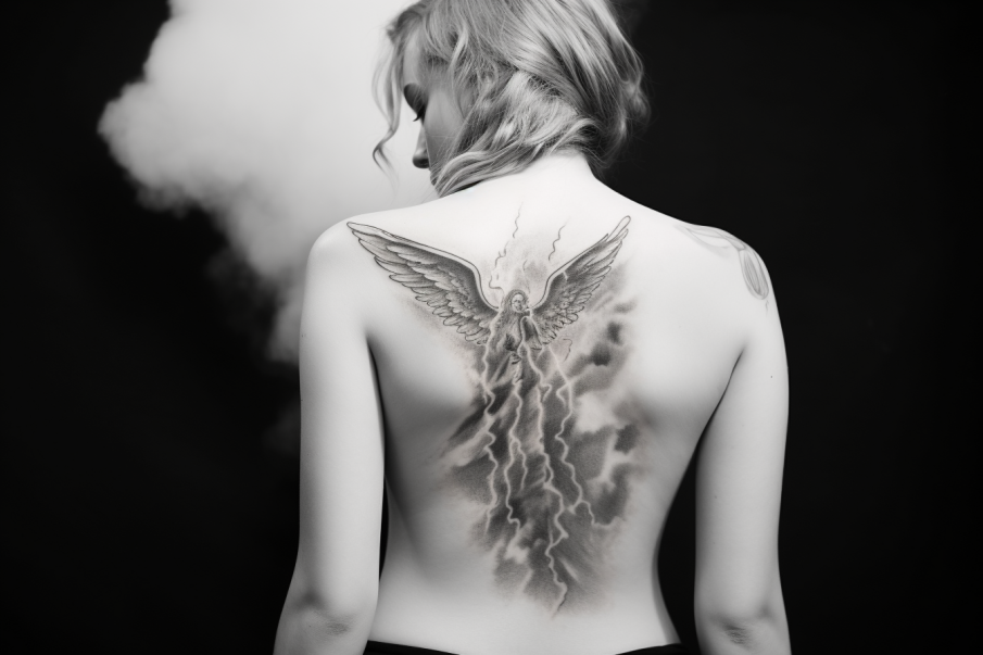 Tatuaż anioła na łopatce kobiety