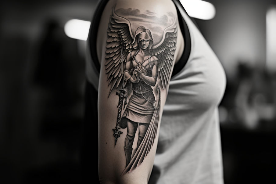Duży tatuaż przedstawiający anioła kobietę na przedramieniu