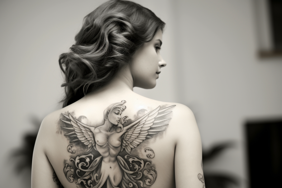 Anioł zatopiony w swych skrzydłach na plecach kobiety
