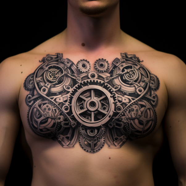 Tatuaż biomechaniczny na klatce piersiowej młodego mężczyzny