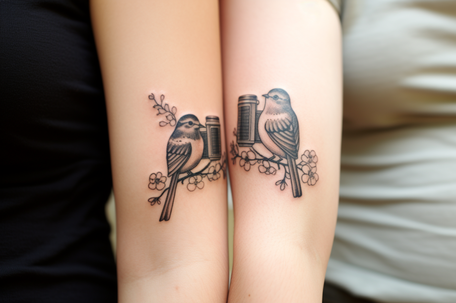 Tatuaż łączony i tworzący dwa ptaszki na jednej gałazce