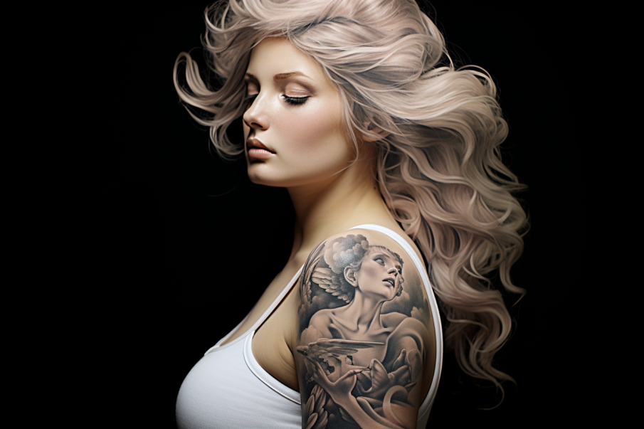 Młoda kobieta z tatuażem z motywem anioła