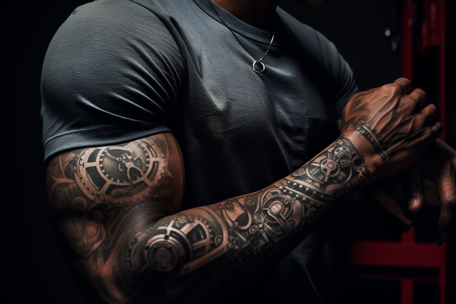Tatuaż biomechaniczny wykonany czarnym tuszem na całej długości ręki mężczyzny