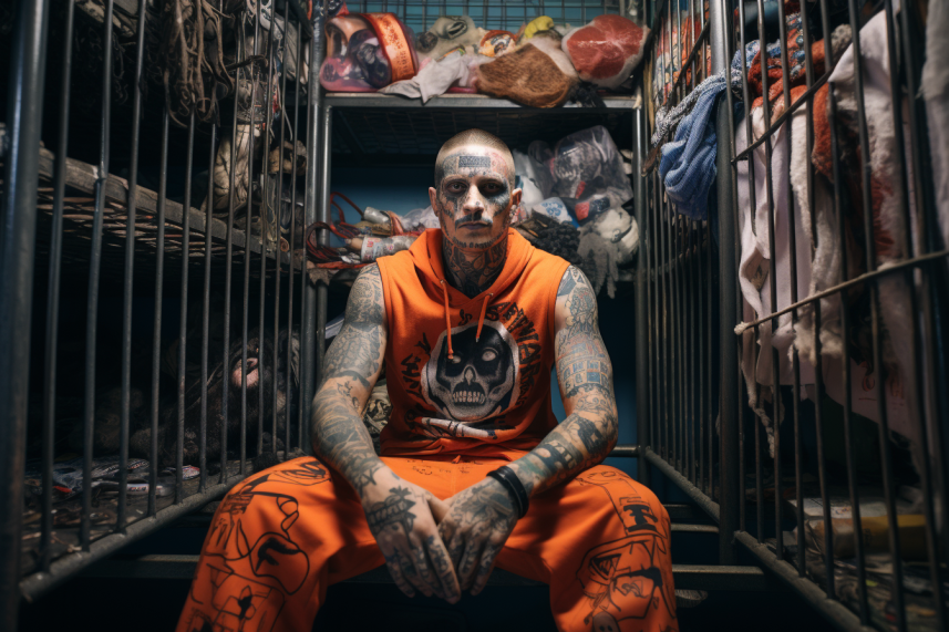 Mężczyzna z tatuażami na ciele w celi więziennej