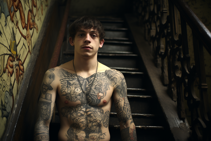 Tatuaże więzienne na młodym mężczyźnie