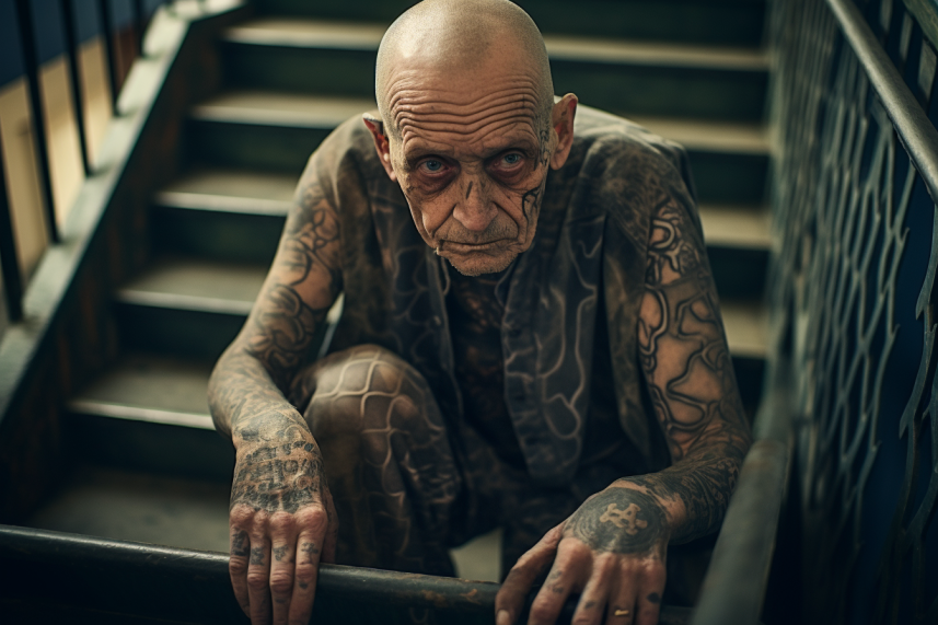 Starszy mężczyzna z tatuażami z więzienia na całym ciele