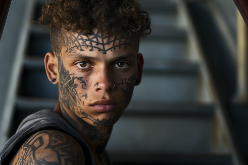 Młody więzień z tatuażami na twarzy