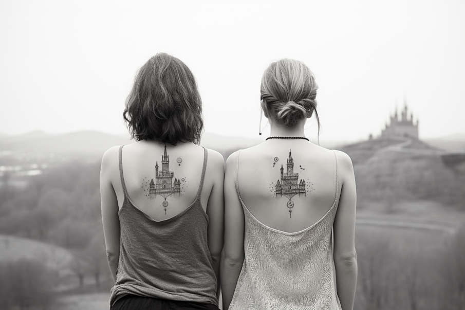 Przyjaciółki z pasującymi tatuażami w kształcie zamku
