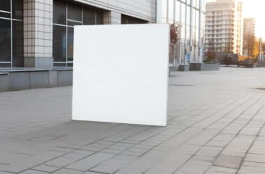 Na tym obrazku widoczny jest duży biały kwadrat, dominujący na tle malowniczego miasta. Jego geometryczna forma wyróżnia się kontrastując z dynamicznym pejzażem miejskim. Biały kolor kwadratu przyciąga wzrok i dodaje mu elegancji, stanowiąc unikalny punkt centralny wśród miejskiej scenerii