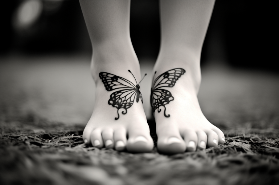 Czarny tatuaż motyl na dwóch połowach stóp