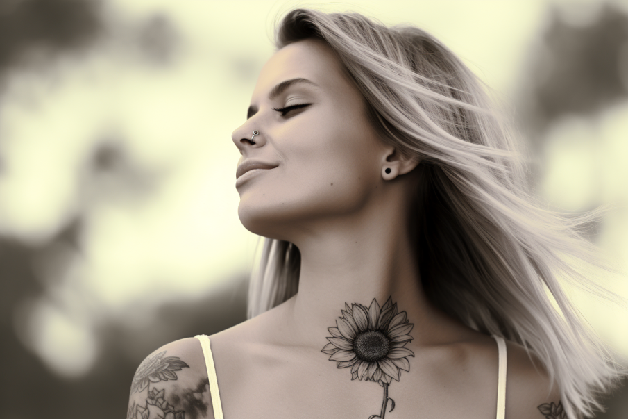 Tatuaż kwiat słonecznika na szyi