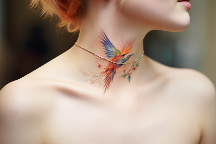 Tatuaż kolorowego ptaka na szyi młodej kobiety