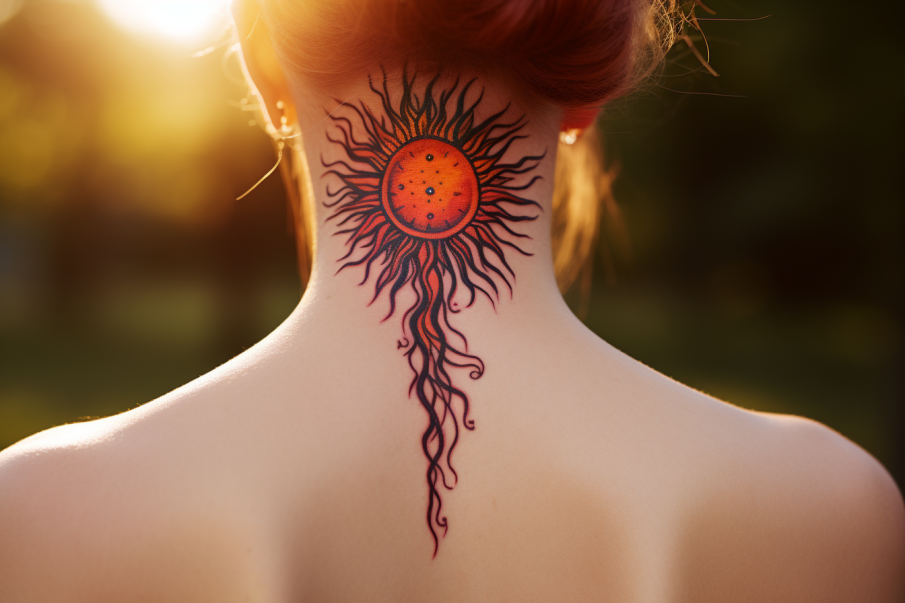 Tatuaż ze słońcem na karku
