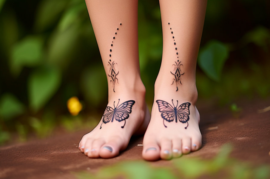 Tatuaż motyl na dwóch stopach