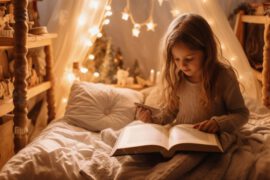 Na tym obrazku widoczna jest urocza dziewczynka, która leży w łóżku i czyta książkę. Jej oczy są skupione na stronach, a twarz wyraża spokój i zainteresowanie. Otaczają ją przytulne koce i poduszki, tworząc atmosferę komfortu, idealną do relaksu i czytania przed snem. Obrazek ten oddaje magię chwili, gdy literatura przenosi nas w świat marzeń tuż przed zapadnięciem w sen