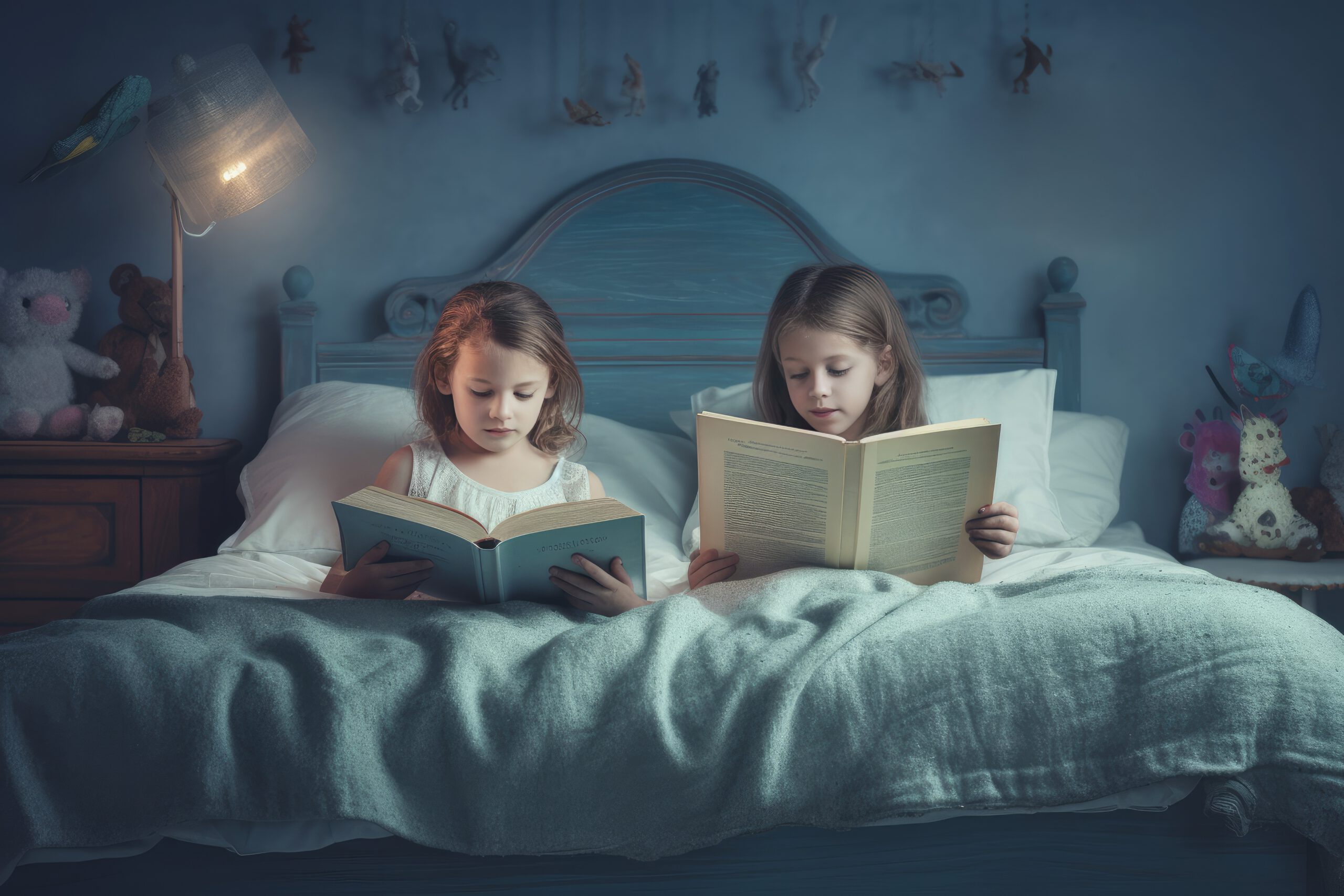 Na tym ujmującym obrazku widoczne są dwie urocze dziewczynki, siedzące w łóżku i czytające książkę przed snem. Ich twarze emanują spokojem i skupieniem, gdy wsłuchują się w historię z kartek. Otoczone miękkimi poduszkami i kocami, stwarzają sobie przytulne i magiczne miejsce do wspólnego odkrywania literackich przygód. Ten obrazek oddaje piękno chwili, gdy czytanie przed snem staje się nie tylko źródłem wiedzy, ale także związku i wspólnych doświadczeń między przyjaciółkami