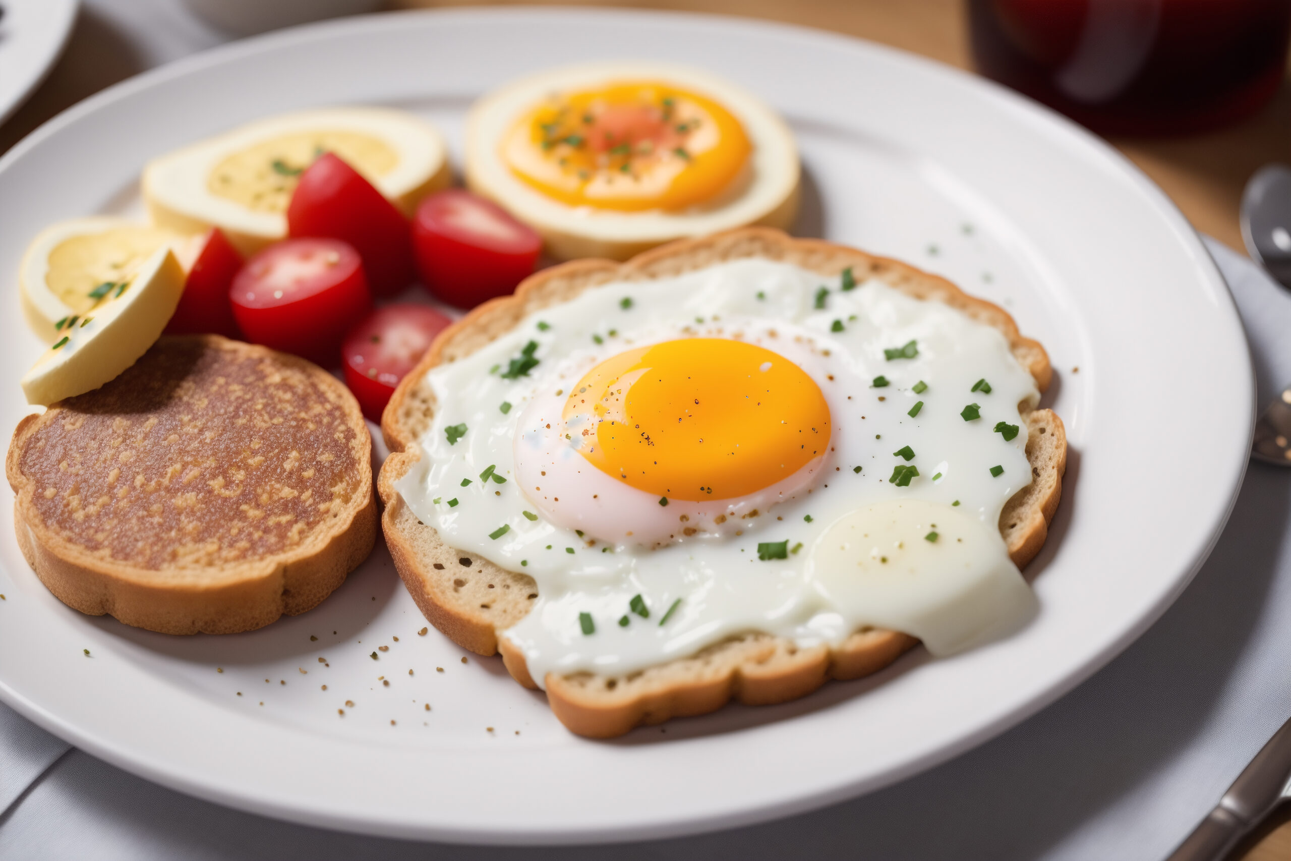 Na tym smakowitym obrazku możemy podziwiać lekkostrawną kolację z jajek w postaci pysznych tostów. Delikatnie upieczone kromki chleba są smarowane kremowym nadzieniem z jajek i ozdobione świeżymi ziołami. Ta wariacja na temat klasycznego śniadaniowego dania nie tylko wygląda apetycznie, ale również zapewnia lekkostrawny i pożywny posiłek na wieczór
