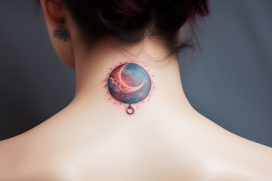 Tatuaż księżyc na szyi dziewczyny