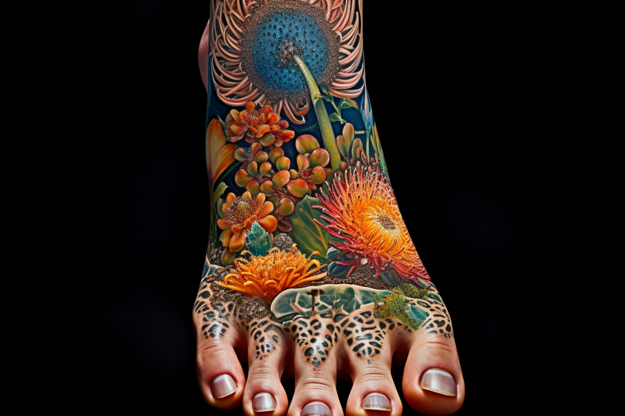 Tatuaż na stopie z kolorowymi kwiatami