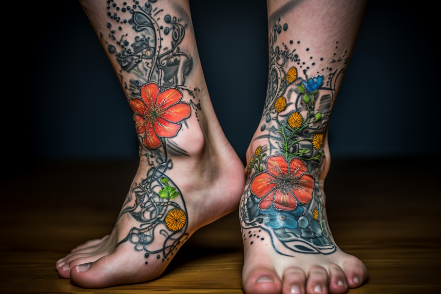 Tatuaż z kwiatami i bluszczem na stopach