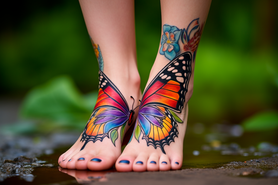 Kolorowy tatuaż na stopach w kształcie motyla