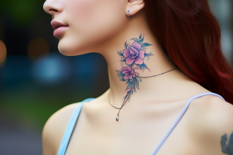 Tatuaż na szyi kobiety przedstawia kwiatuszki